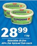 Sunshine D Lite 40% Fat Spread Tub-1Kg Each