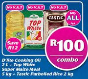 D'lite Cooking Oil 2Ltr + Top White Super maize Meal 5Kg + Tastic Parboiled Rice 2Kg Combo-For All
