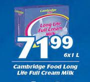 Cambridge Food Long Life Full Cream Milk-6x1Ltr