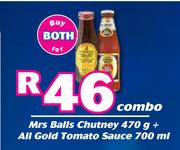 Mrs Balls Chutney 470g + All Gold Tomato Sauce 700ml-Combo