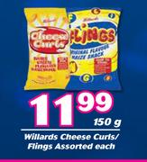 Willards Cheese Curls/Flings Assorted-150g Each