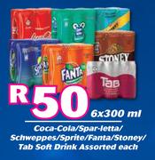 Coca-Cola/Spar-Letta/Schweppes/Sprite/Fanta/Stoney/Tab Soft Drink Assorted-6 x 330ml Each