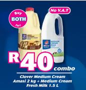 Clover Medium Cream Amasi 2Kg + Medium Cream Fresh Milk 1.5Ltr Combo