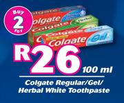 Colgate Regular/Gel/Herbal White Toothpaste-For 2 x 100ml