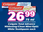 Colgate Total Advance Whitening/Clean Mint/Optic White Toothpaste-75ml Each
