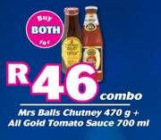 Mrs Balls Chutney 470g + All Gold Tomato Sauce 700ml Combo-For Both