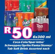CocaCola/SparLetta/Schweppes/Sprite/Fanta/Stoney/Tab Soft Drink Assorted-6x300ml Each