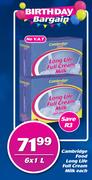 Cambridge Food Long Life Full Cream Milk-6x1Ltr Each
