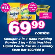 Sunlight Hand Washing Powder 2Kg + Dish Washing Liquid Pouch 750ml & Laundry SoapBar 400/500-For All