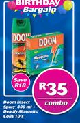 Doom Insect Spray 300m+ Deady Mosquito Coils 10's-Combo