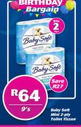 Baby Soft Mini 2-Ply Toilet Tissue 9's Pack-For 2