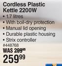 Elektra Cordless Plastic Kettle 2200W