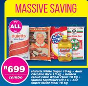 Huletts White Sugar 10Kg + Aunt Caroline Rice 10Kg + Golden Cloud Cake Wheat Flour 10Kg-Combo