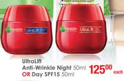 Garnier UltraLift Anti-Wrinkle Night 50ml Or Day SPF15-500ml Each