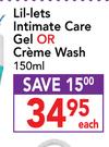 Lil-Lets Intimate Care Gel Or Creme Wash-150ml Each