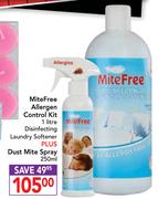 MiteFree Allergen Control Kit-1ltr Disinfecting Laundry Softener + Dust Mite Spray-250ml