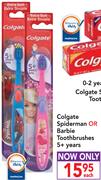 Colgate Spiderman Or Barbie Toothbrushes 5+ Years-Each