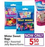 Mister Sweet Bags Assorted Jelly Beans/Gums-60g Each