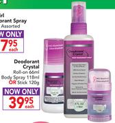 Deodorant Crystal Roll-On 66ml Or Body Spray 118ml Or Stick 120g-Each