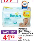 Pampers Baby Wipes Economy Pack-56 x 2 Sensitive Or 64 x 2 Fresh