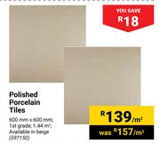Polished Porcelain Tiles 600mm x 600mm-Per Sqm
