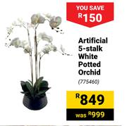 Artificial 5-Stalk White Potted Orchid