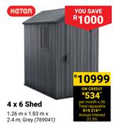 Keter 4 x 6 Shed Grey 1.26m x 1.83m x 2.4m