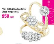 9ct Gold & Sterling Silver Dress Rings With CZ-Each