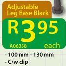 Adjustable Leg Base Black C/W Clip A06358-100mm x 130mm Each