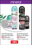 Garnier Anti-Perspirant Aerosol For Men & Women-150ml/Roll-On For Men & Women-50ml Each