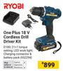 Ryobi One Plus 18V Cordless Drill Driver Kit