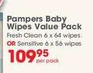 Pampers Baby Wipes Value Pack (Fresh Clean 6 x 64 Wipes Or Sensitive 6 x 56 Wipes)-Per Pack