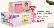 Johnson’s Baby Wipes Value Pack Gentle All Over Or Extra Sensitive 6 x 72 Wipes-Per Pack