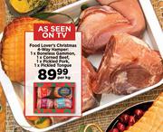 Food Lover's Christmas 4 Way Hamper:1xBoneless Gammon,1xCorned Beef,1xPickled Pork,1xPickled Tongue-