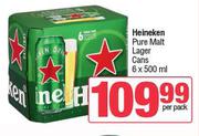 Heineken Pure Malt Lager Cans-6 x 500ml Per Pack