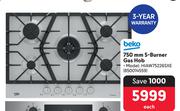 Beko 750mm 5 Burner Gas Hob HIAW75226SXE