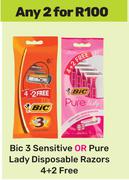 Bic 3 Sensitive Or Pure Lady Disposable Razors 4+2 Free-For 2