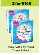 Baby Soft 2 Ply Toilet Tissue 9 Pack-For 2