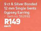 9ct & Silver Bonded 12mm Single Gents Gypsey Earring-Each