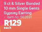 9ct & Silver Bonded 10mm Single Gents Gypsey Earring-Each
