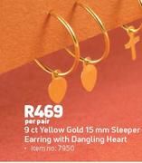 9ct Yellow Gold 15mm Sleeper Earring With Dangling Heart-Per Pair