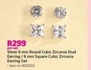 Silver 6mm Round CZ Stud Earring/6mm Square CZ Earring Set-Per Set