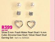 Silver 5mm Fresh Water Pearl Stud/4mm CZ Claw Stud/Silver Heart Stud earring Set-Per Set