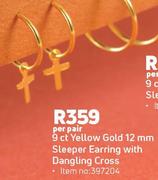 9ct Yellow Gold 12mm Sleeper Earring With Dangling Cross-Per Pair