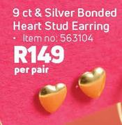 9ct & Silver Bonded Heart Stud Earring-Per Pair