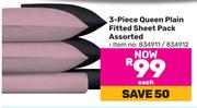 3 Piece Queen Plain Fitted Sheet Pack Assorted-Each