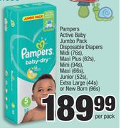 Pampers Active Baby Jumbo Pack Disposable Diapers-Per Pack