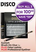 Disco Eyelash Brush On Glue 5g Plus False Lashes Plus Professional Eyeliner-All 3