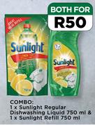 Sunlight Regular Dishwashing Liquid 750ml & Sunlight Refill 750ml Combo-Per Combo