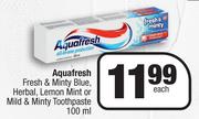 Aquafresh Fresh & Minty Blue, Herbal, Lemon Mint Or Mild & Minty Toothpaste-100ml Each